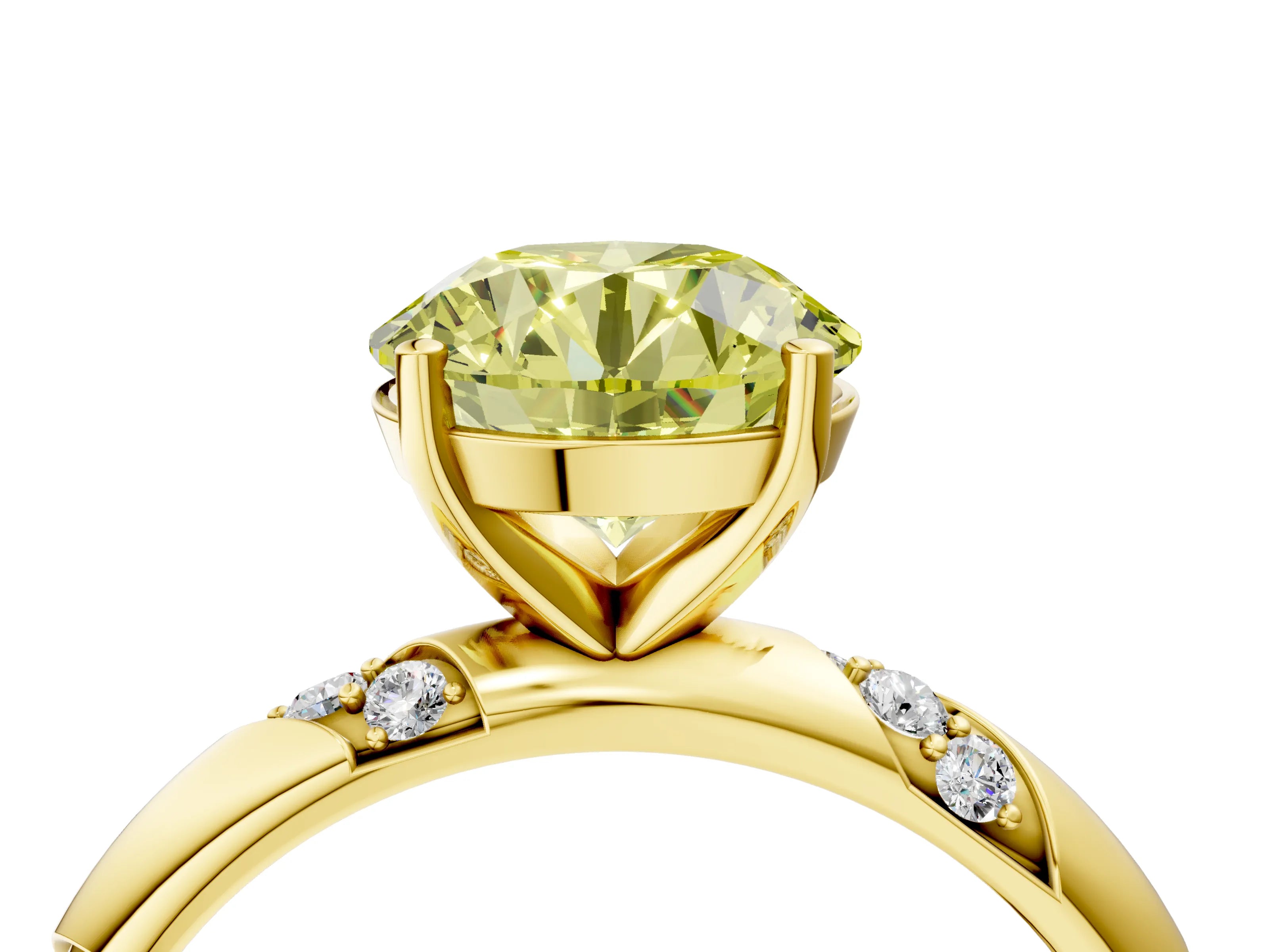 Yellow gold Fancy Yellow Round Cut Solitaire Diamond Engagement Ring with Twisted Pave Band and Four-Prong Setting_7