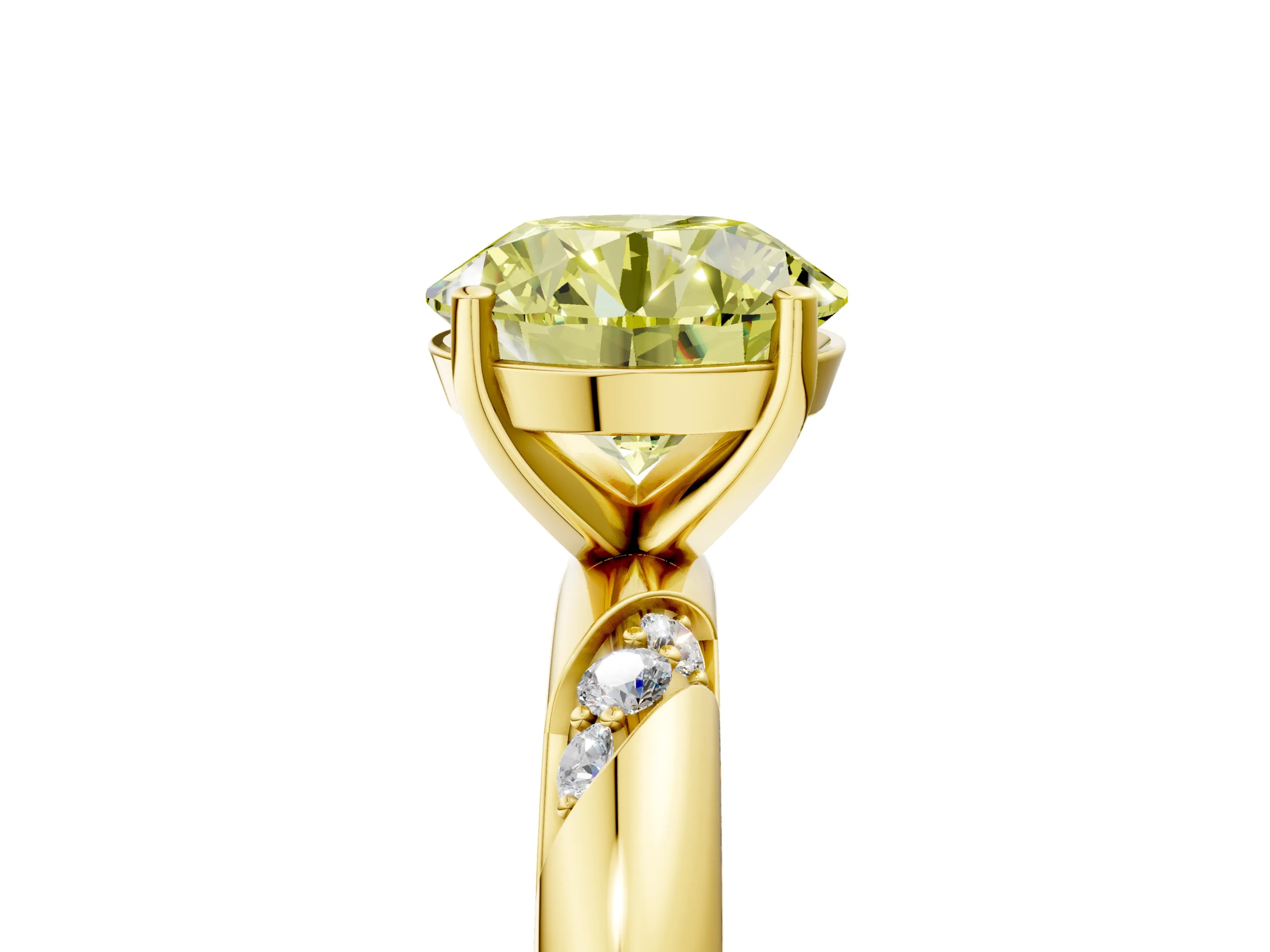Yellow gold Fancy Yellow Round Cut Solitaire Diamond Engagement Ring with Twisted Pave Band and Four-Prong Setting_8
