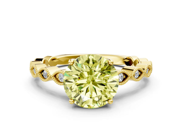 Yellow gold Fancy Yellow Round Cut Solitaire Diamond Ring with Infinity Twist Band and Four-Prong Setting