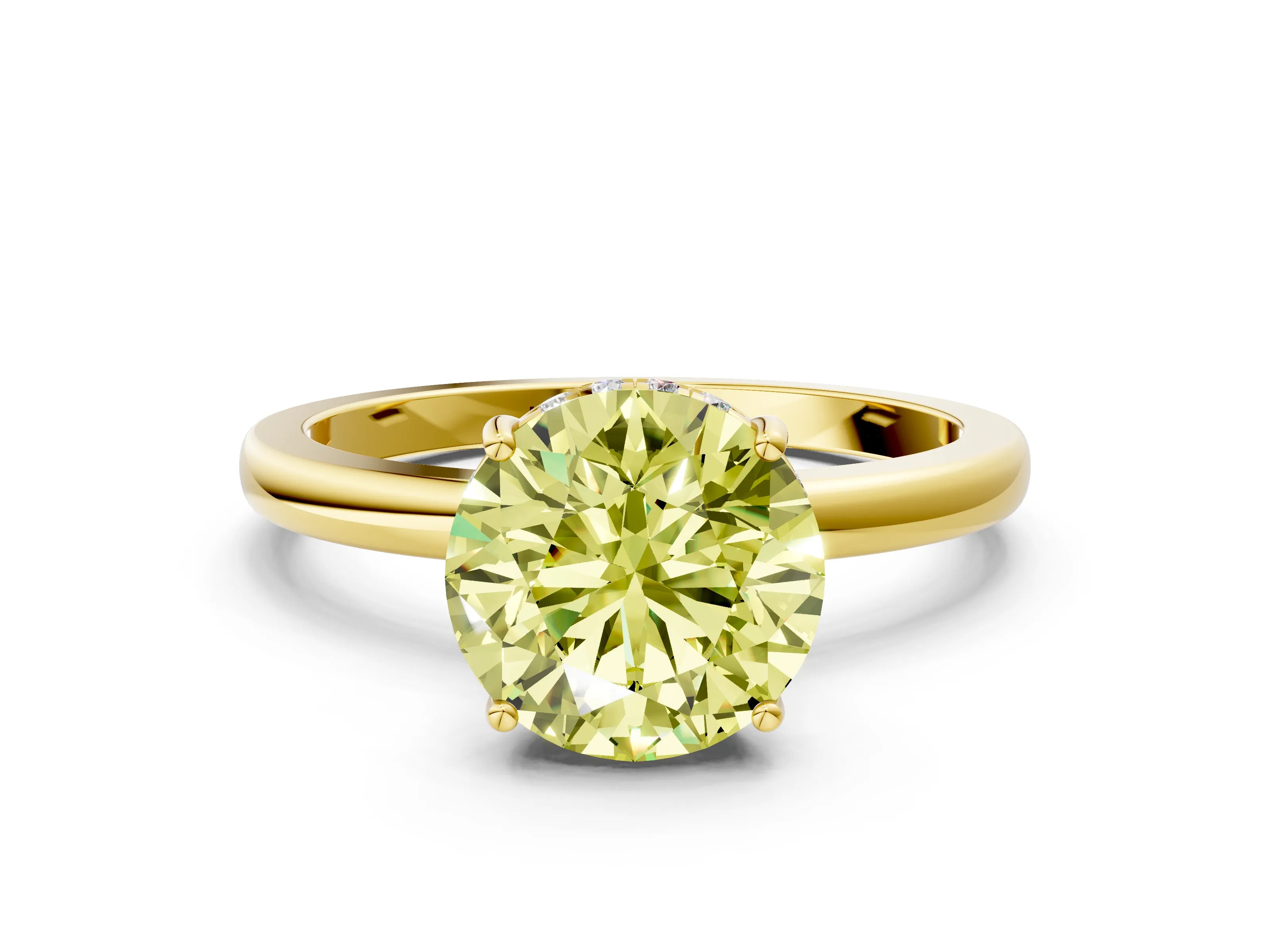 Yellow gold Fancy Yellow Round Cut Solitaire Diamond Ring with Prong Setting and Plain Band