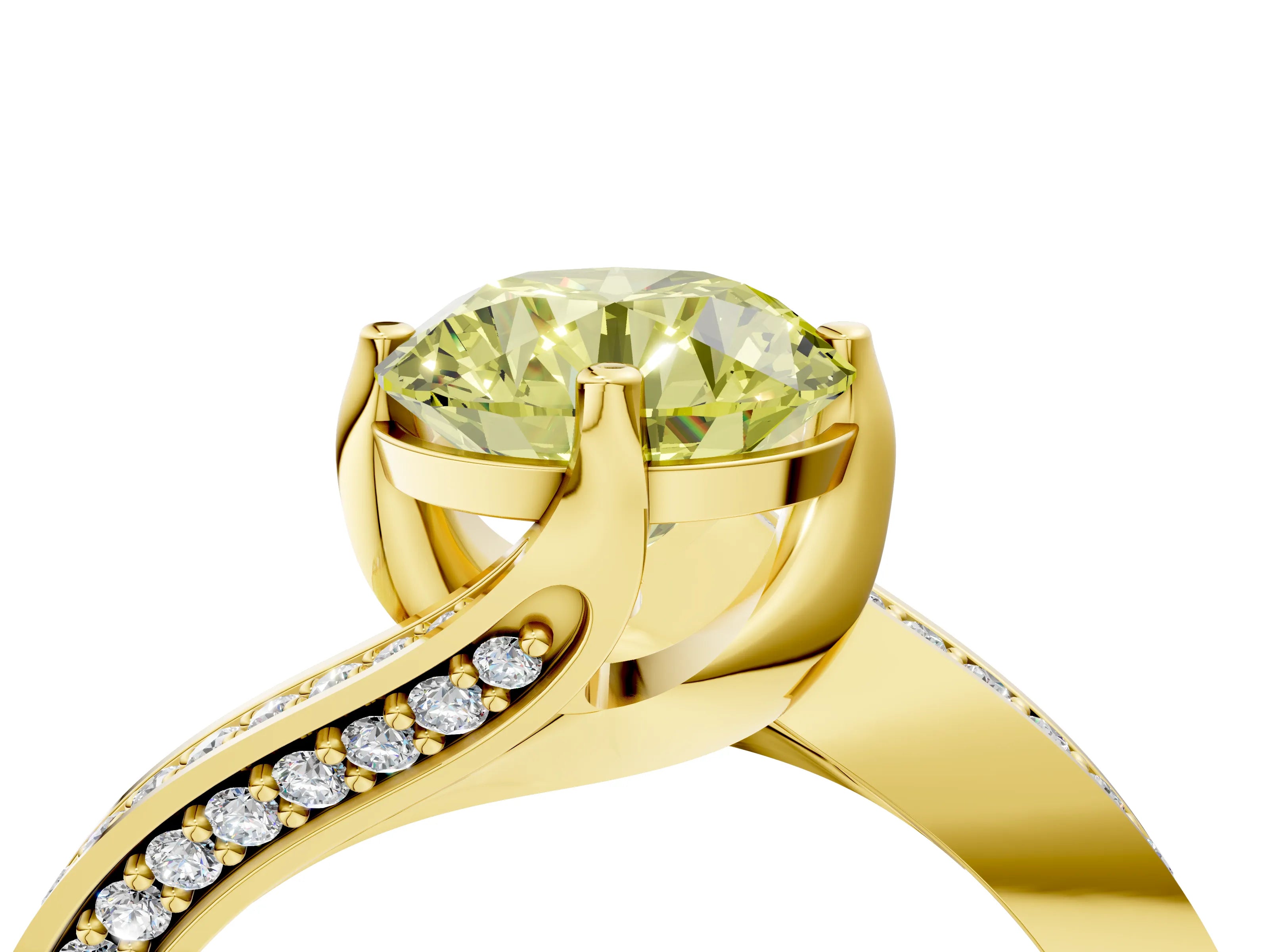 Yellow gold Fancy Yellow Round Cut Solitaire Diamond Twist Band with Pavé Setting and Four-Prong Setting_4