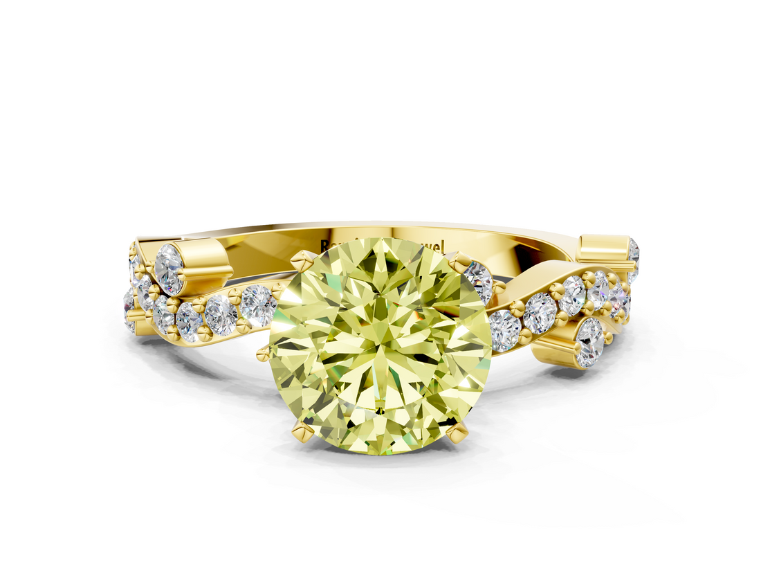 Yellow gold Fancy Yellow Round  Cut Solitaire Diamond Twisted Band with Pave Setting