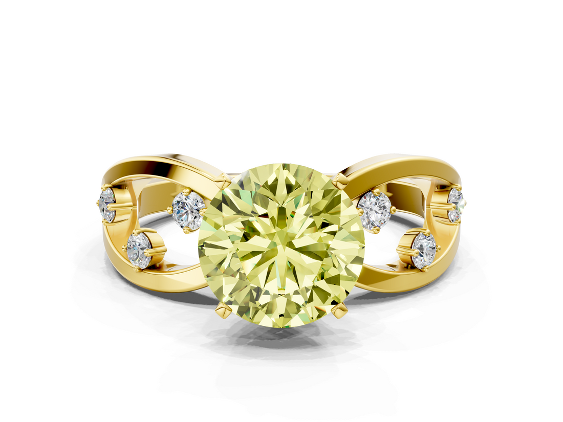 Yellow gold Fancy Yellow Round  Cut Solitaire Diamond with Side Stones on Criss-Cross Band and Four-Prong Setting