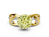 Yellow gold Fancy Yellow Round  Cut Solitaire Diamond with Side Stones on Criss-Cross Band and Four-Prong Setting