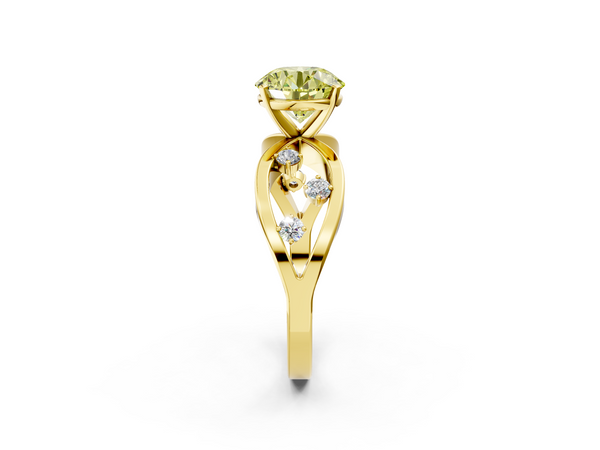 Yellow gold Fancy Yellow Round  Cut Solitaire Diamond with Side Stones on Criss-Cross Band and Four-Prong Setting