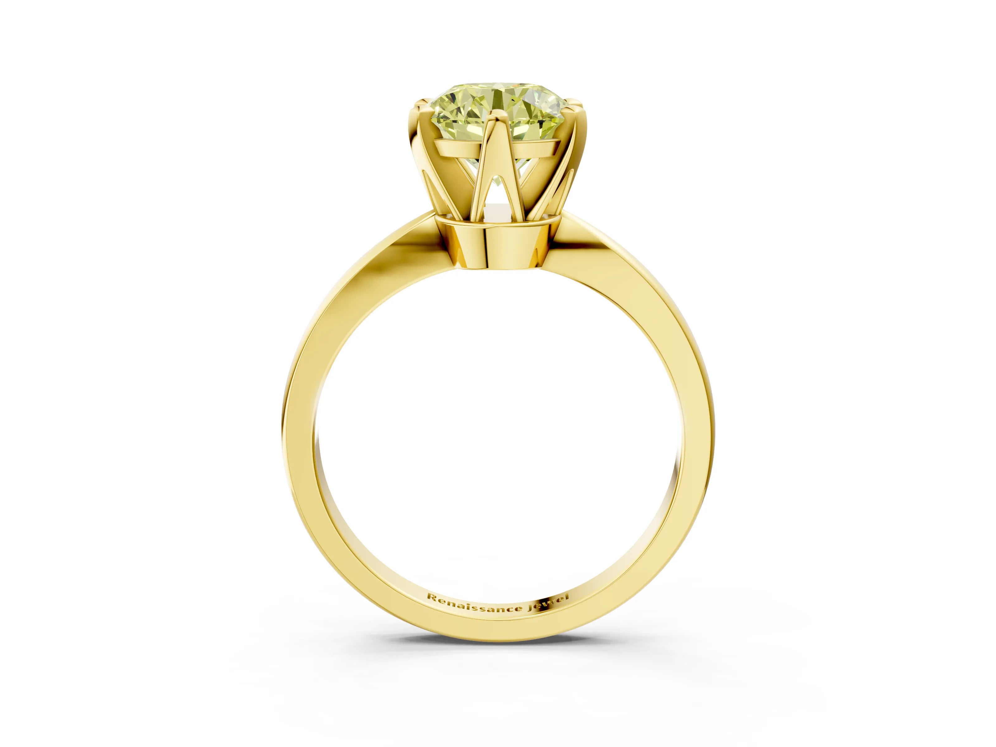 Yellow gold Fancy Yellow Round Cut Solitaire Engagement Ring with Six-Prong Setting and Tapered Band_3