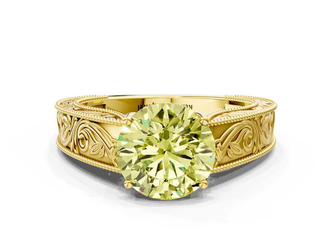 Yellow gold Fancy Yellow Round  Cut Solitaire Engraved Band with Four-Prong Setting