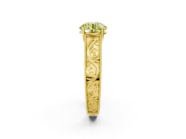 Yellow gold Fancy Yellow Round Cut Diamond Solitaire Ring with Engraved Band and Four-Prong Setting
