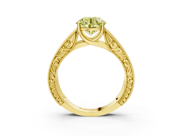 Yellow gold Fancy Yellow Round Cut Diamond Solitaire Ring with Engraved Band and Four-Prong Setting