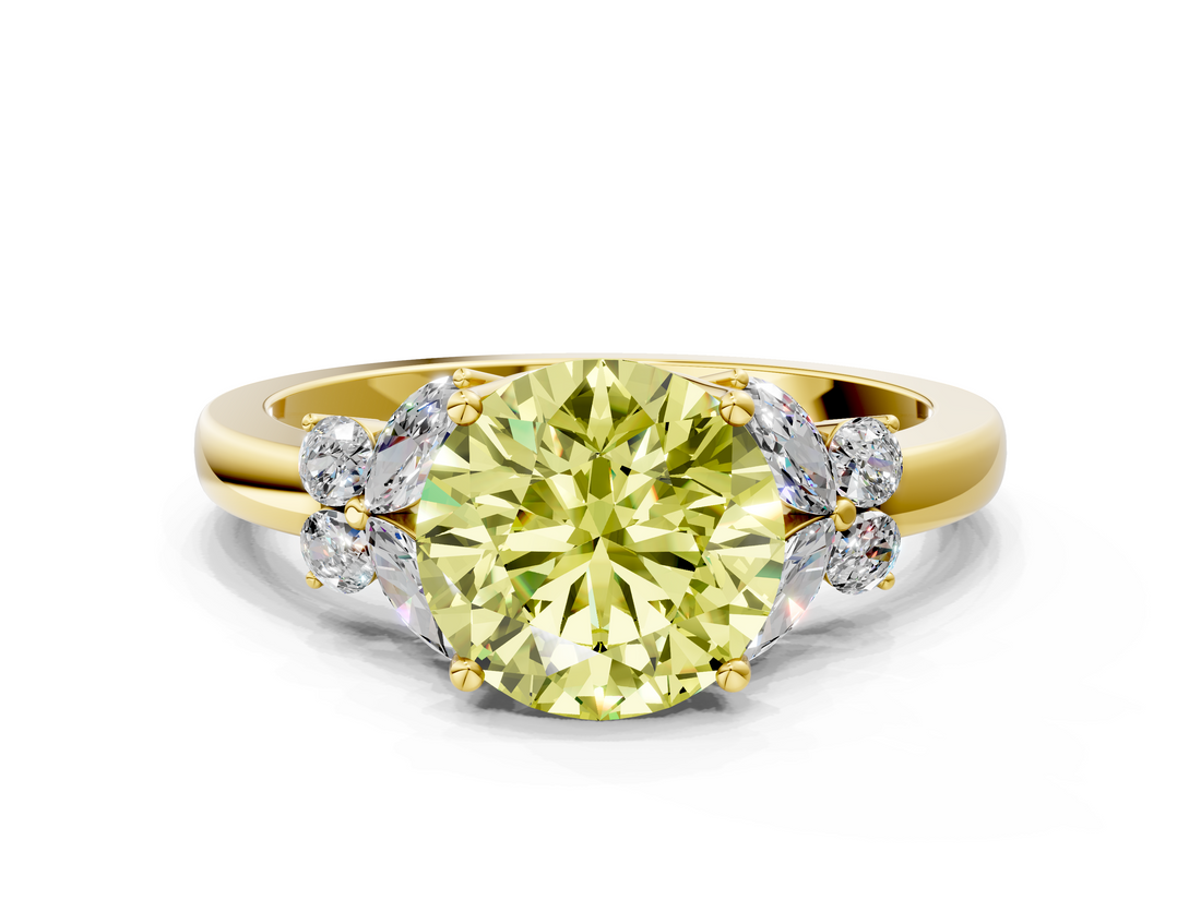 Yellow gold Fancy Yellow Round  Cut Solitaire Floral Diamond Ring with Four-Prong Setting