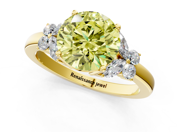 Yellow gold Fancy Yellow Round  Cut Solitaire Floral Diamond Ring with Four-Prong Setting