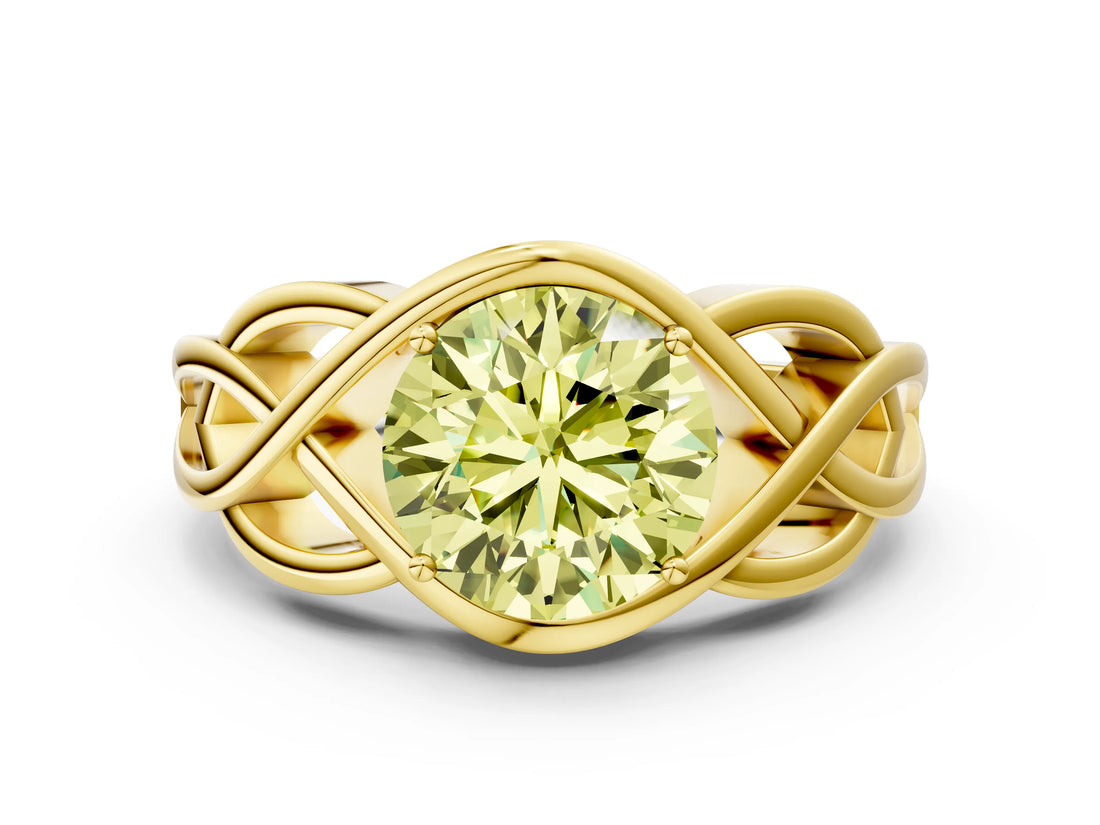 Yellow gold Fancy Yellow Round Cut Solitaire Intertwined Band Prong Setting Ring