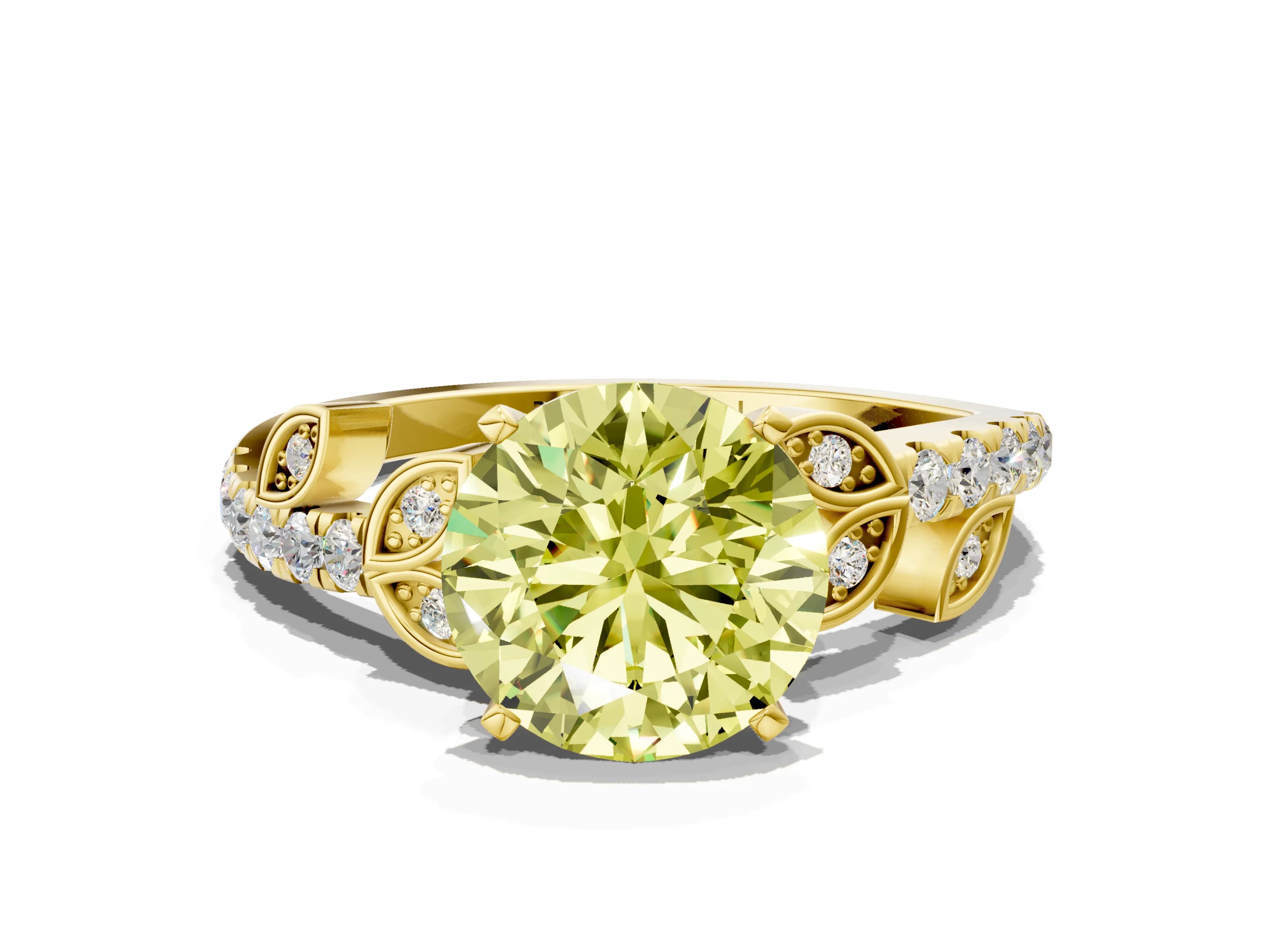 Yellow gold Fancy Yellow Round Cut Solitaire Leaf-Inspired Diamond Ring with Pavé Band and Four-Prong Setting