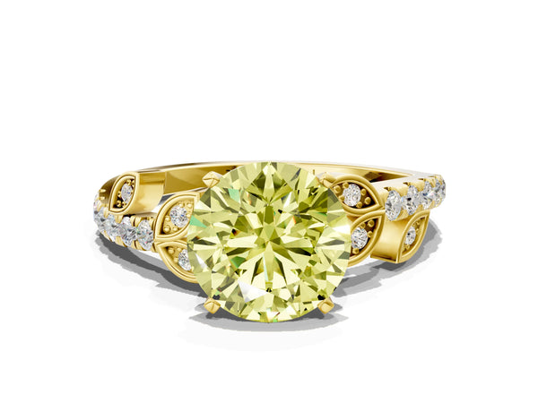 Yellow gold Fancy Yellow Round Cut Solitaire Leaf-Inspired Diamond Ring with Pavé Band and Four-Prong Setting