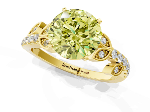 Yellow gold Fancy Yellow Round Cut Solitaire Leaf-Inspired Diamond Ring with Pavé Band and Four-Prong Setting