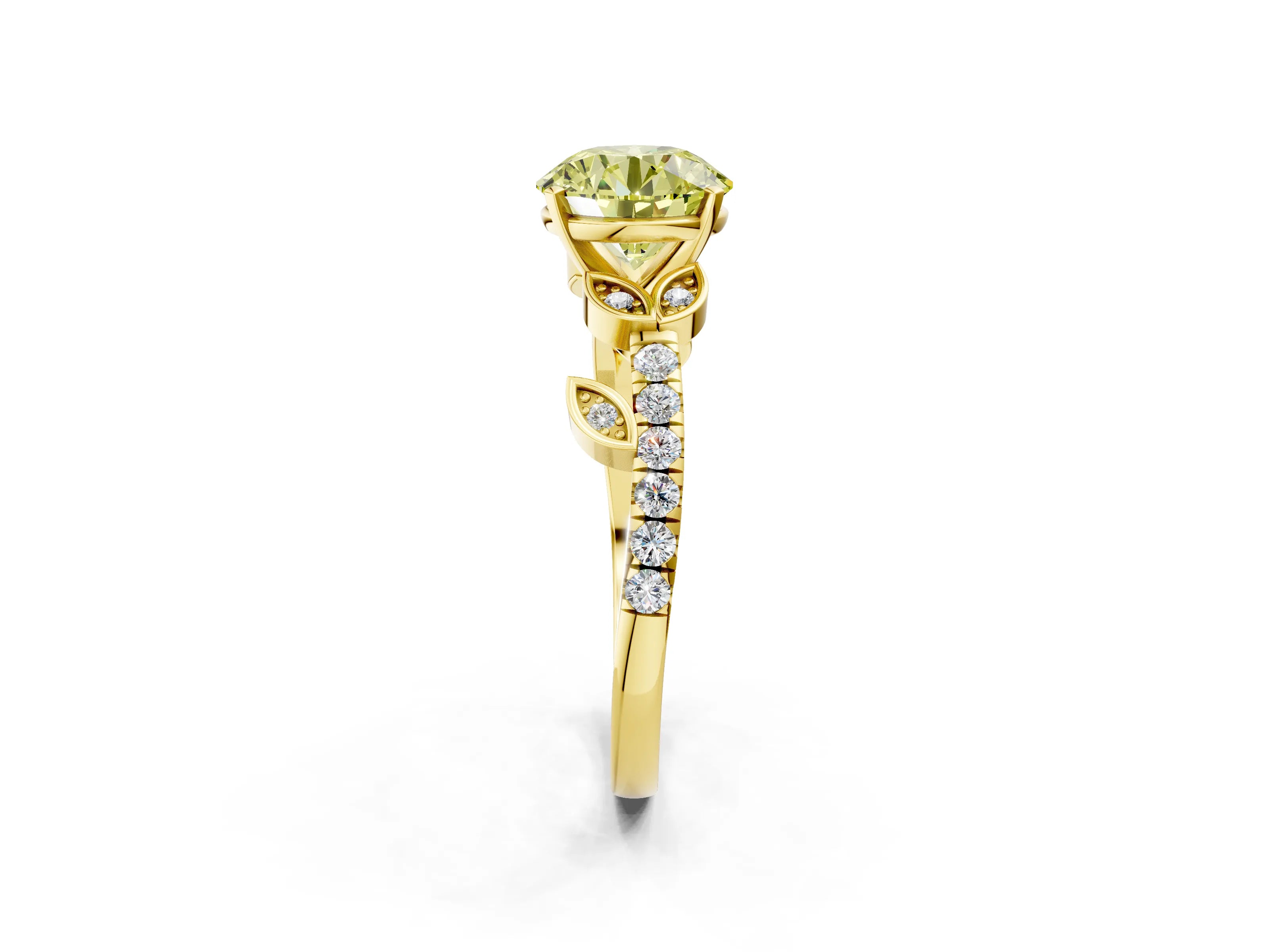 Yellow gold Fancy Yellow Round Cut Solitaire Leaf-Inspired Diamond Ring with Pavé Band and Four-Prong Setting_2