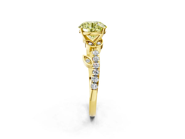 Yellow gold Fancy Yellow Round Cut Solitaire Leaf-Inspired Diamond Ring with Pavé Band and Four-Prong Setting