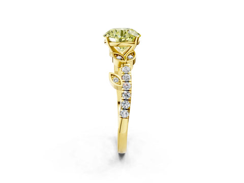 Yellow gold Fancy Yellow Round Cut Solitaire Leaf-Inspired Diamond Ring with Pavé Band and Four-Prong Setting_2