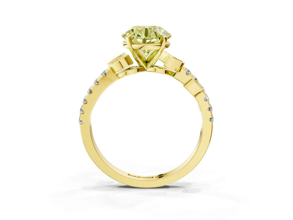 Yellow gold Fancy Yellow Round Cut Solitaire Leaf-Inspired Diamond Ring with Pavé Band and Four-Prong Setting