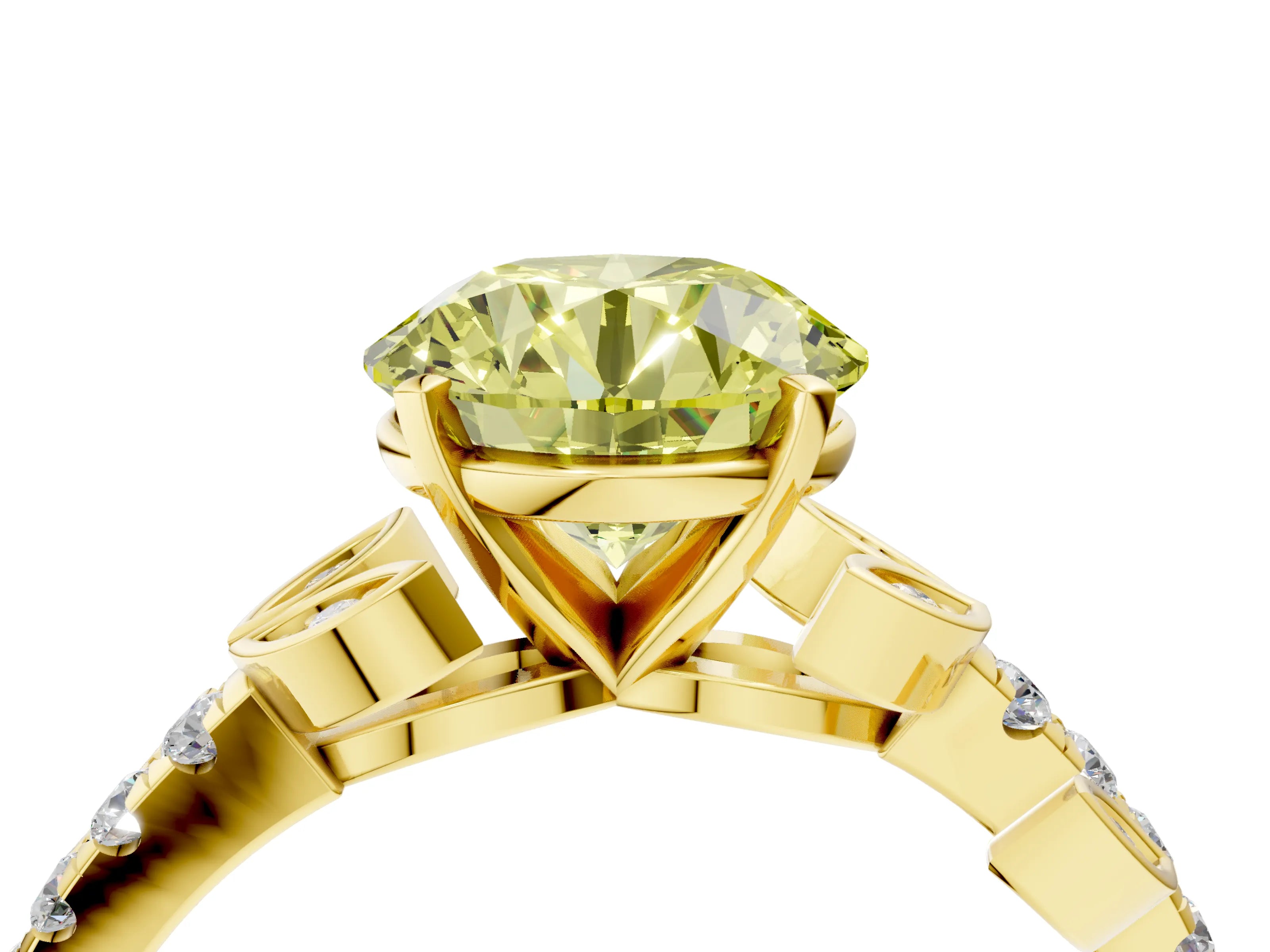 Yellow gold Fancy Yellow Round Cut Solitaire Leaf-Inspired Diamond Ring with Pavé Band and Four-Prong Setting_4
