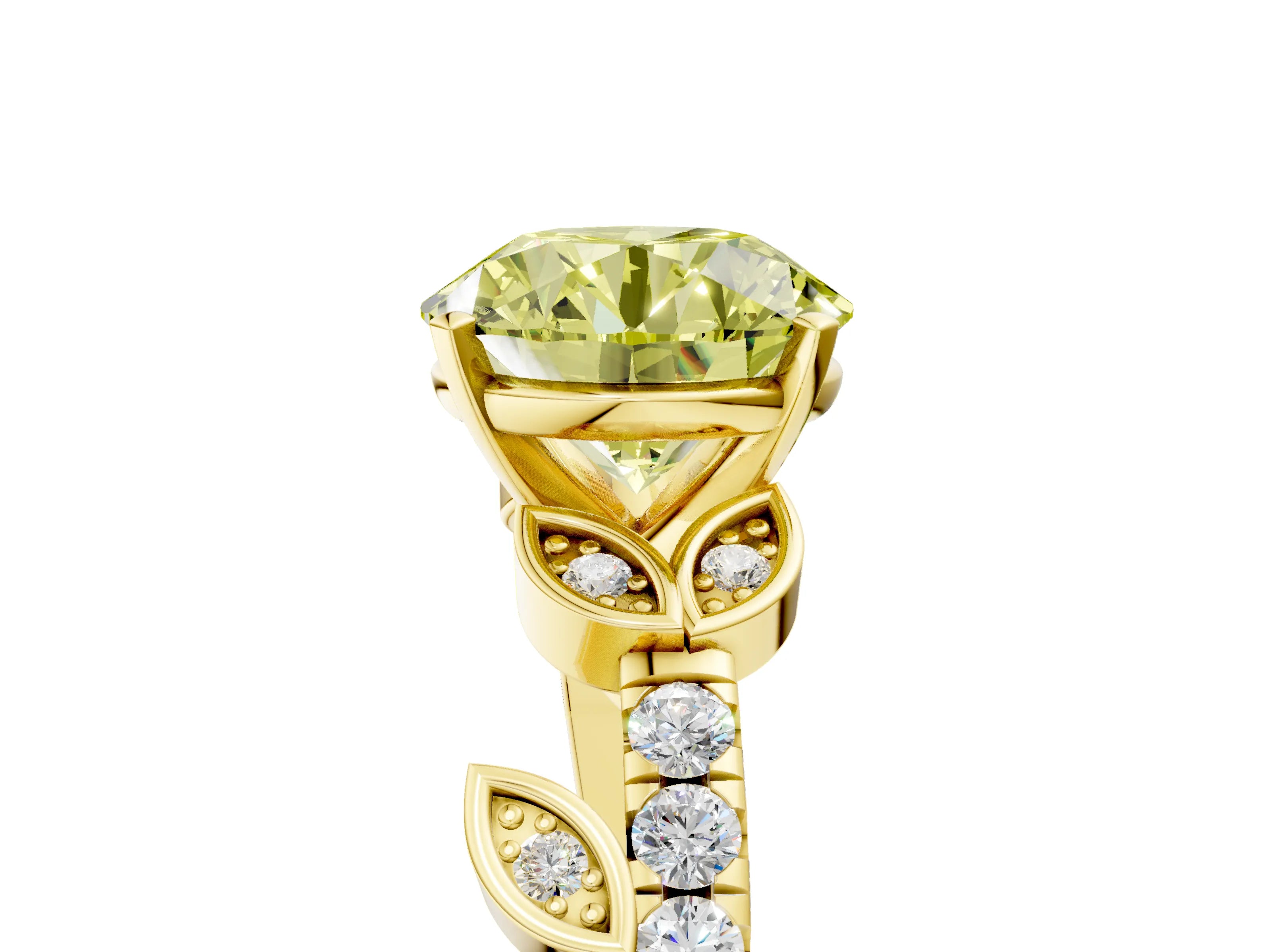 Yellow gold Fancy Yellow Round Cut Solitaire Leaf-Inspired Diamond Ring with Pavé Band and Four-Prong Setting_5