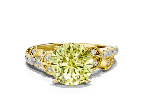 Yellow gold Fancy Yellow Round Cut Solitaire Leaf-Inspired Diamond Ring with Pavé Band and Four-Prong Setting