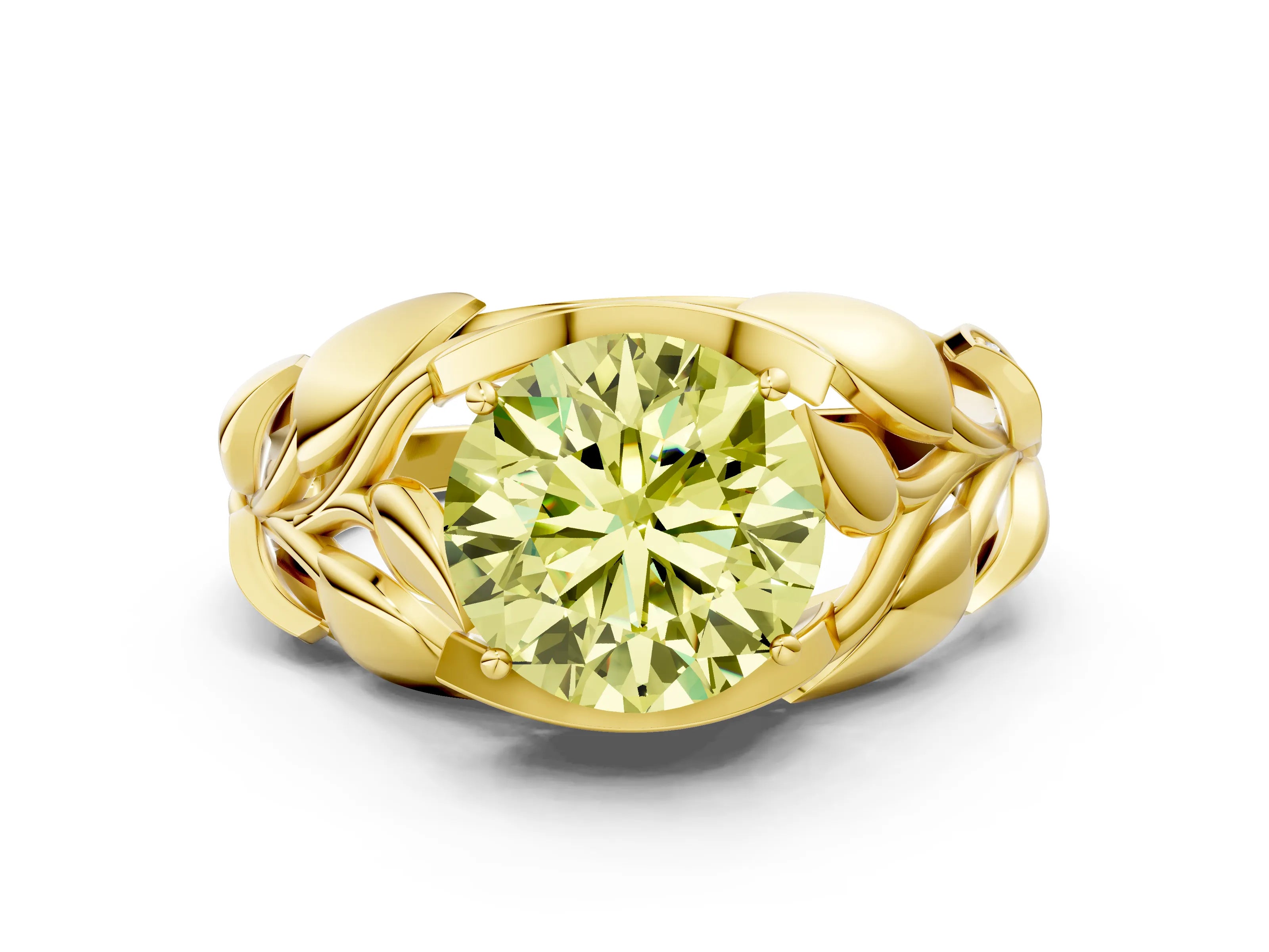 Yellow gold Fancy Yellow Round Cut Solitaire Leaf-Inspired Engagement Ring with Prong Setting