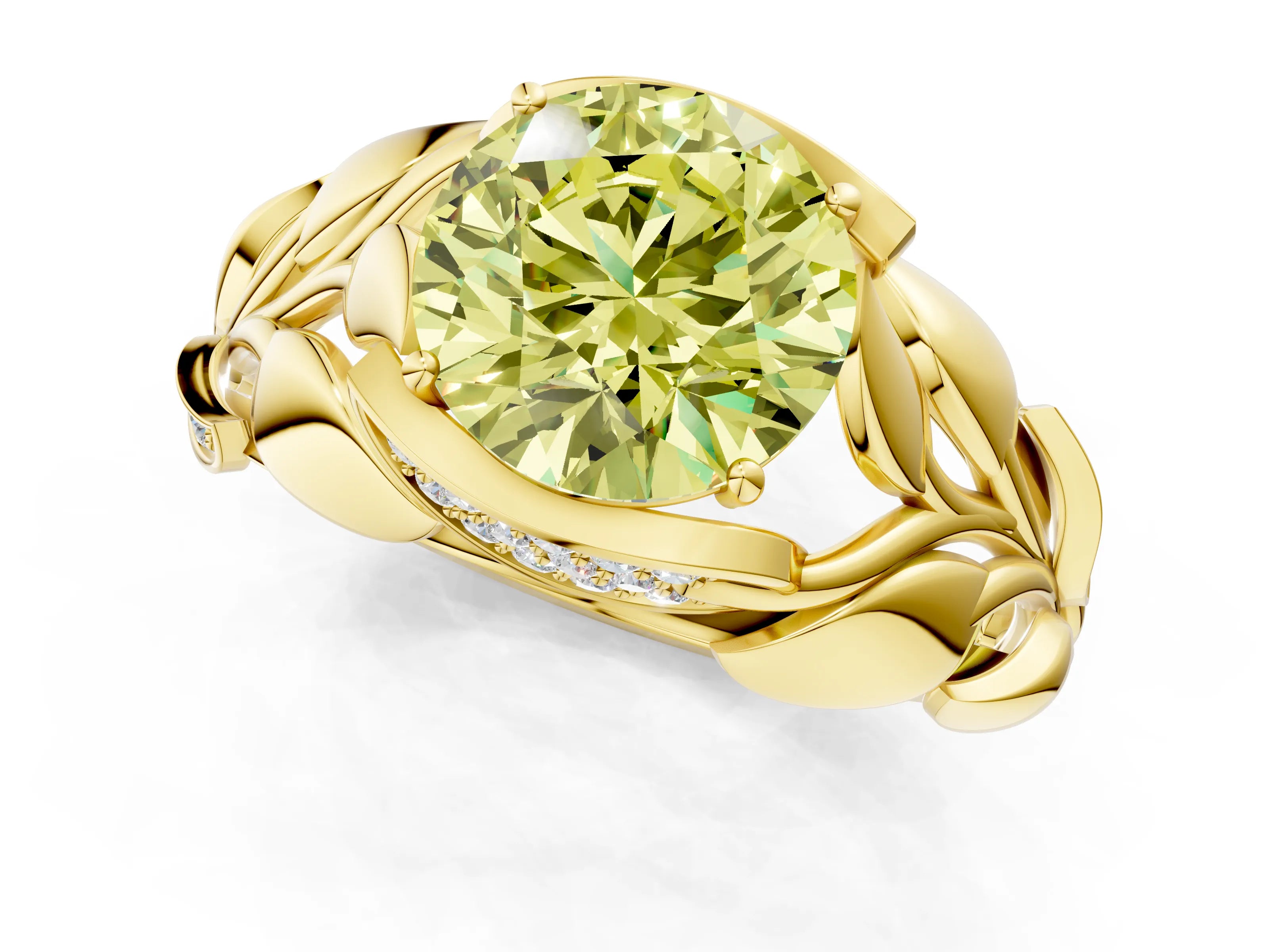 Yellow gold Fancy Yellow Round Cut Solitaire Leaf-Inspired Engagement Ring with Prong Setting_1