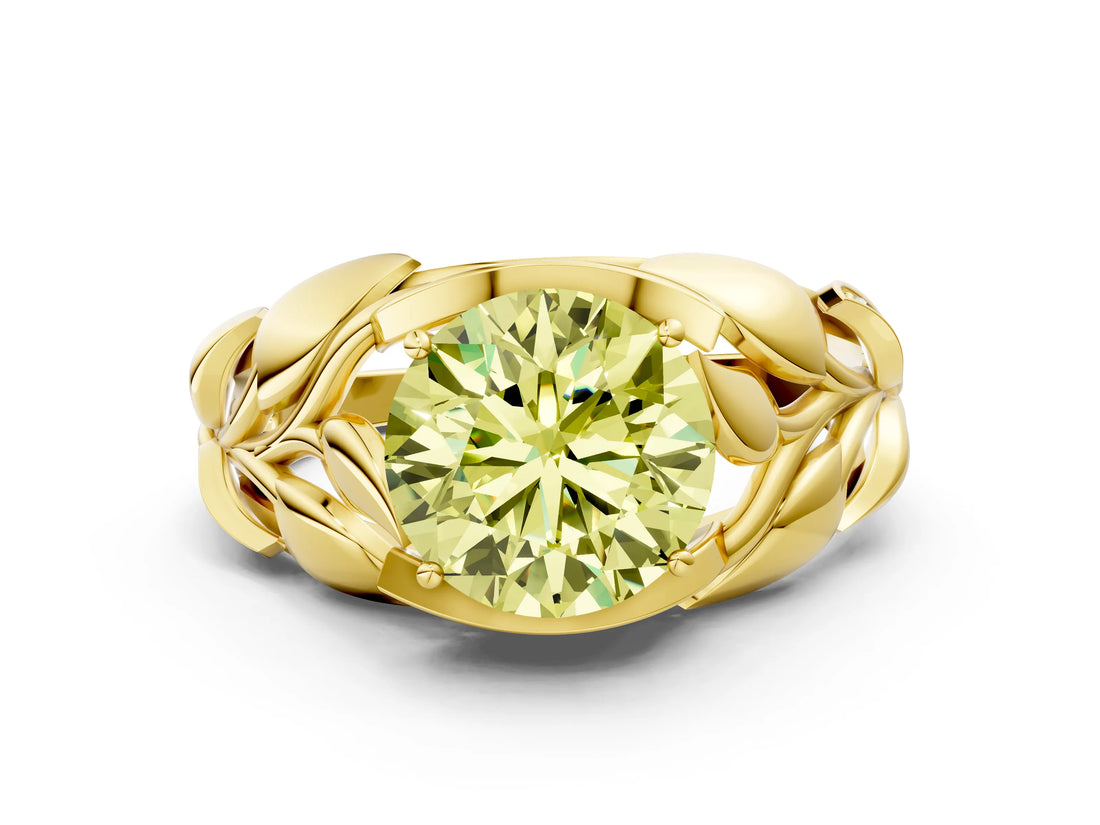 Yellow gold Fancy Yellow Round Cut Solitaire Leaf-Inspired Engagement Ring with Prong Setting_12