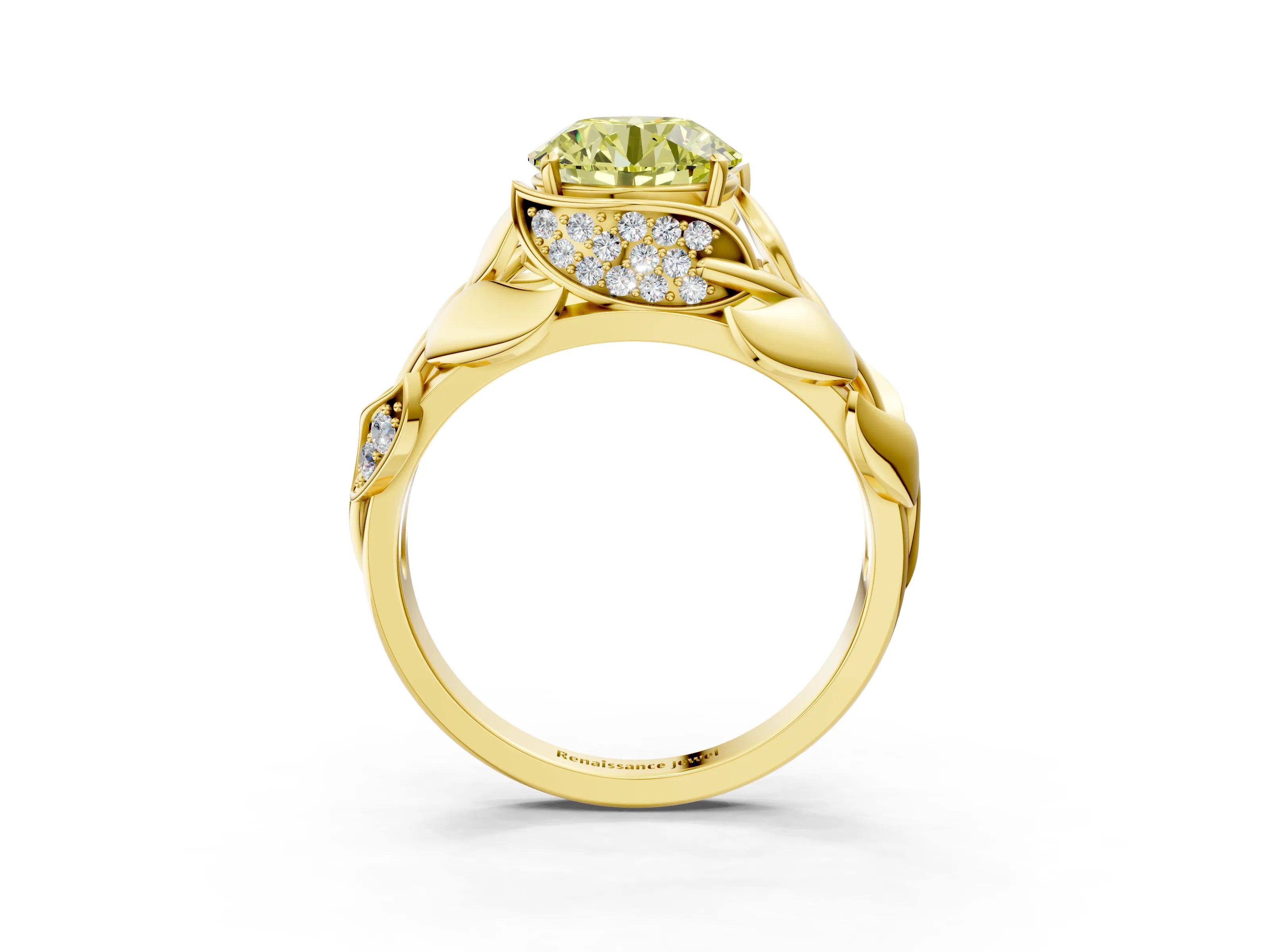 Yellow gold Fancy Yellow Round Cut Solitaire Leaf-Inspired Engagement Ring with Prong Setting_3