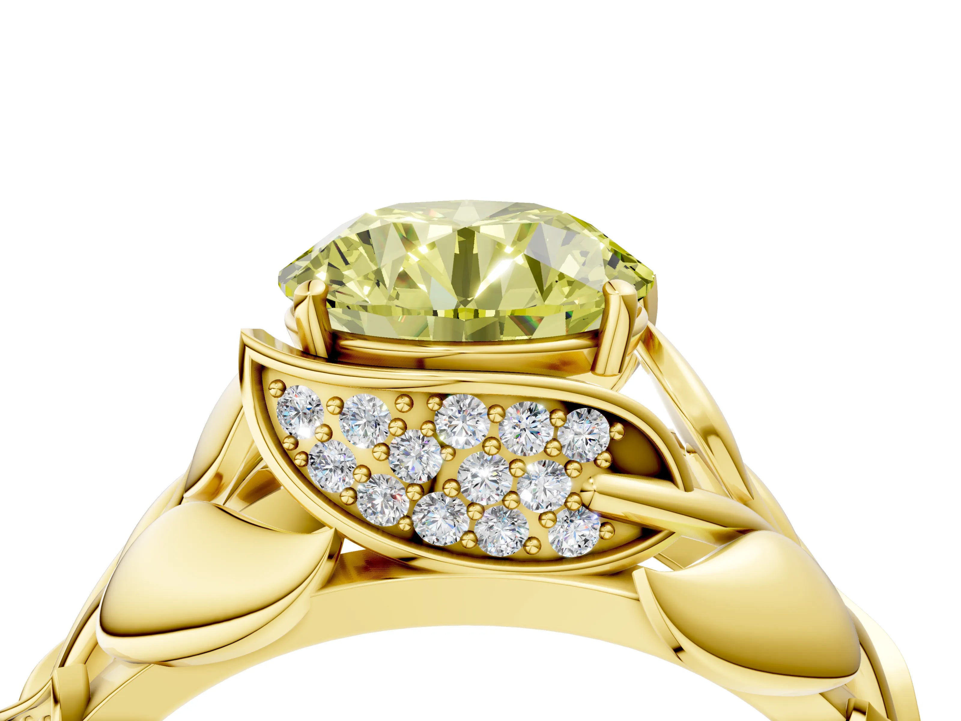 Yellow gold Fancy Yellow Round Cut Solitaire Leaf-Inspired Engagement Ring with Prong Setting_4