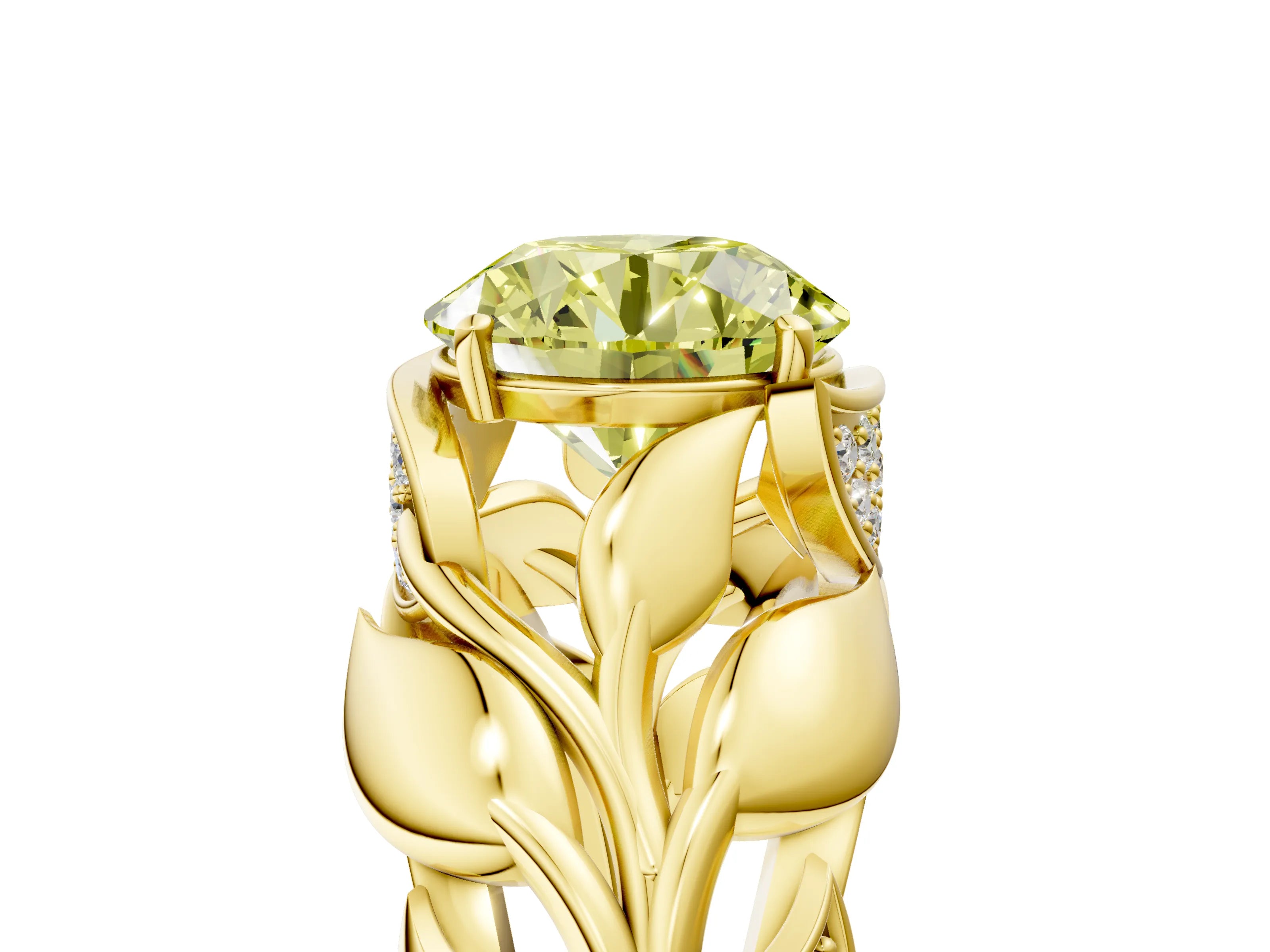 Yellow gold Fancy Yellow Round Cut Solitaire Leaf-Inspired Engagement Ring with Prong Setting_5