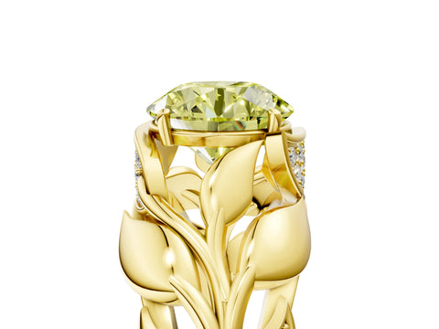 Yellow gold Fancy Yellow Round Cut Solitaire Leaf-Inspired Engagement Ring with Prong Setting_5