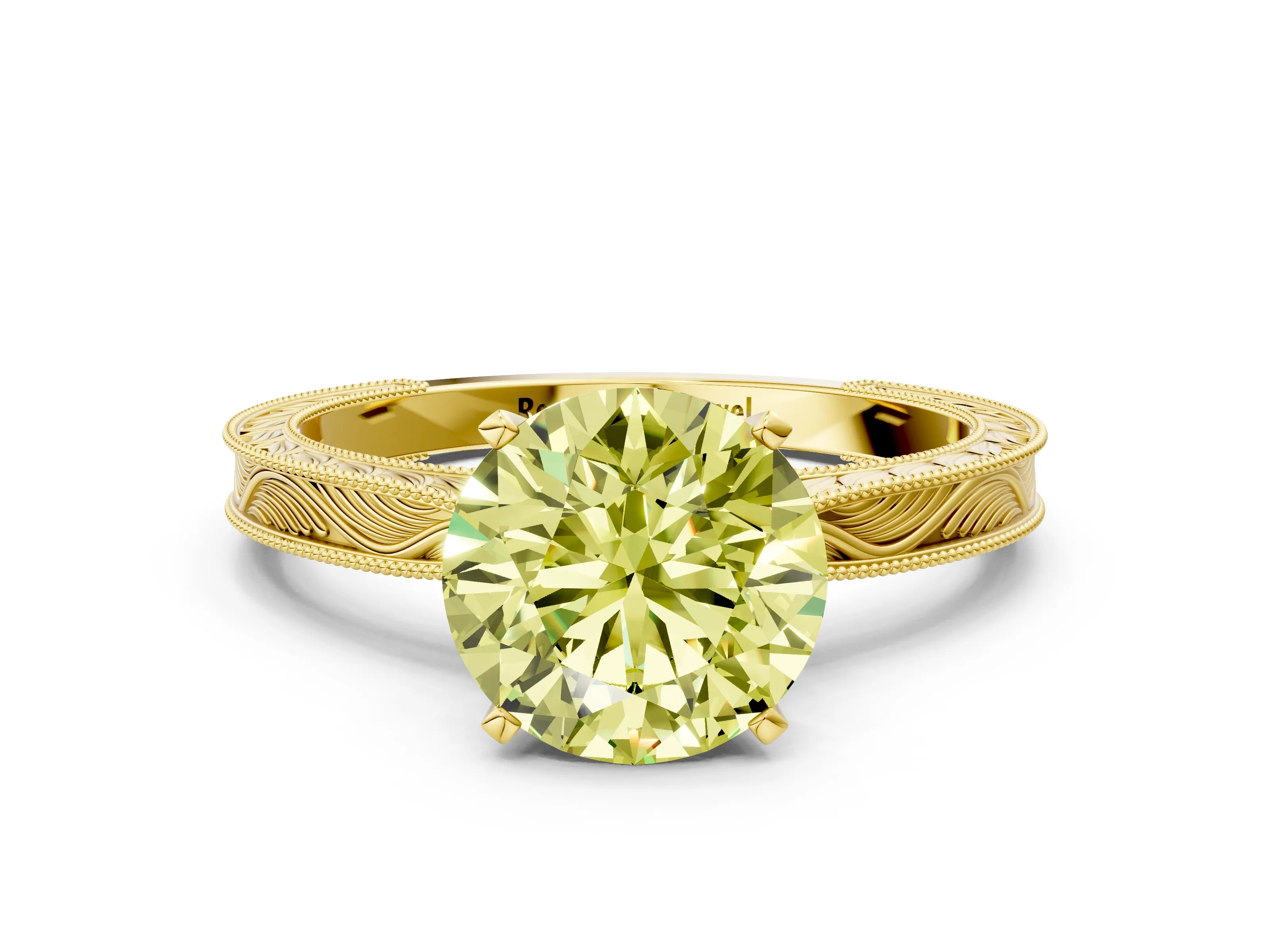 Yellow gold Fancy Yellow Round Cut Solitaire Milgrain Engraved Band with Four-Prong Setting