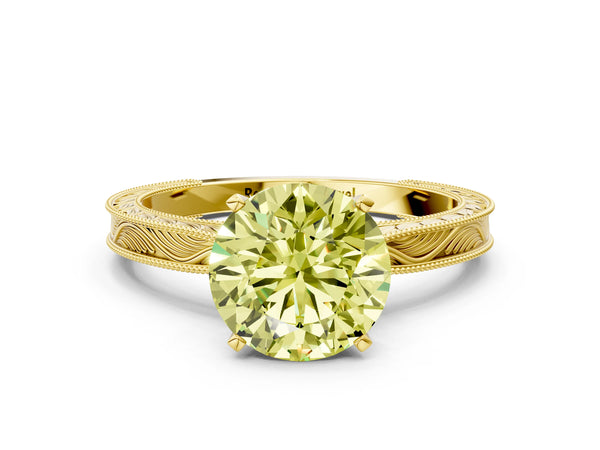 Yellow gold Fancy Yellow Round Cut Solitaire Milgrain Engraved Band with Four-Prong Setting