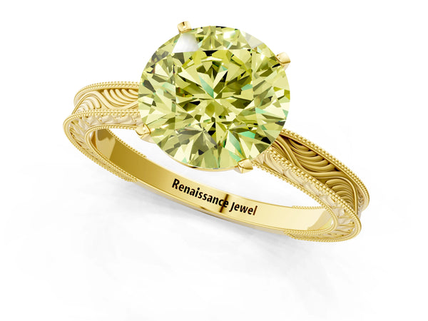 Yellow gold Fancy Yellow Round Cut Solitaire Milgrain Engraved Band with Four-Prong Setting