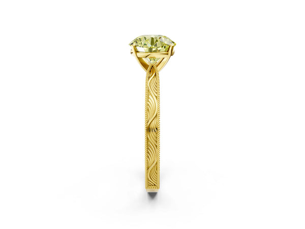 Yellow gold Fancy Yellow Round Cut Solitaire Milgrain Engraved Band with Four-Prong Setting