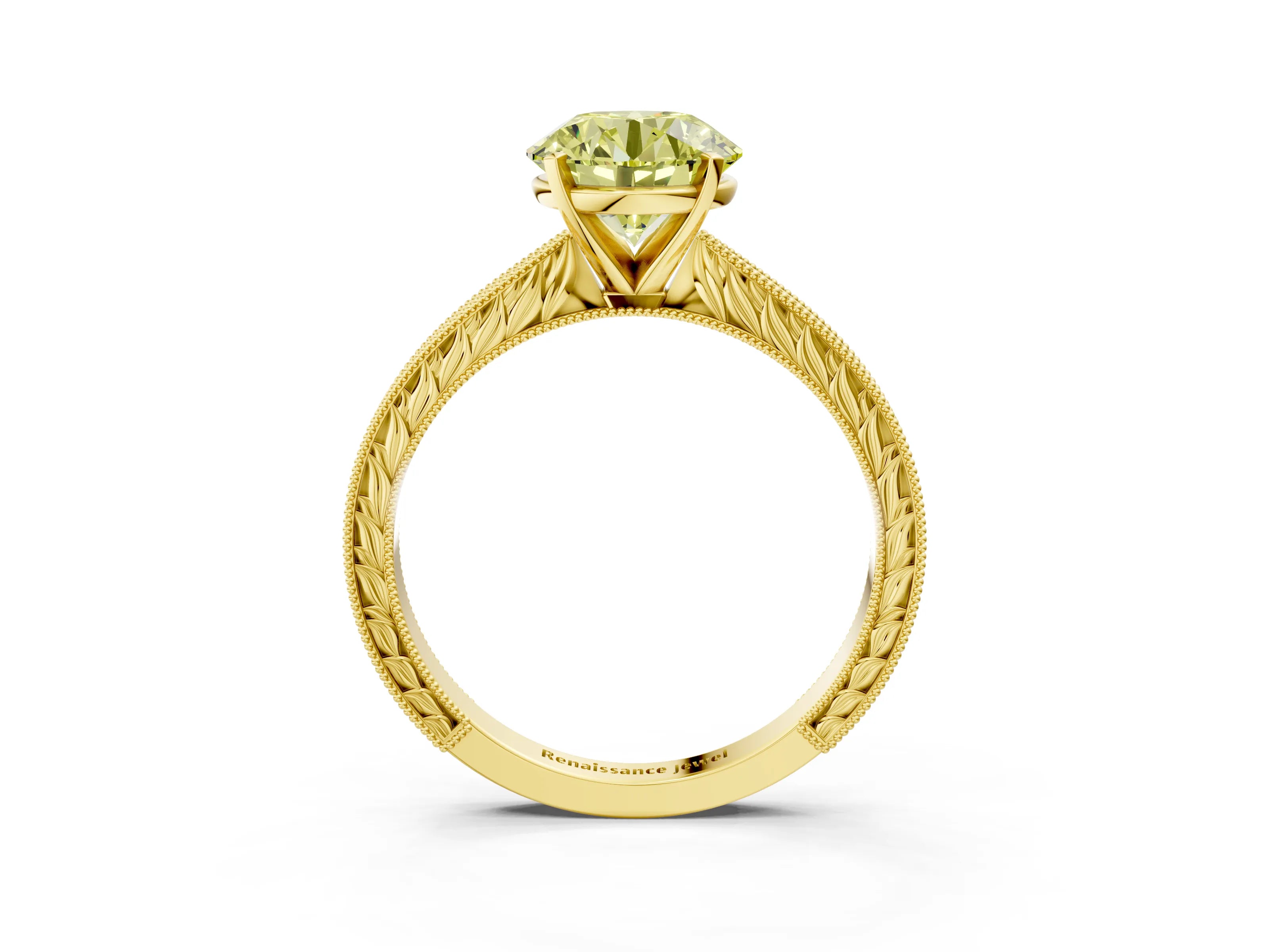 Yellow gold Fancy Yellow Round Cut Solitaire Milgrain Engraved Band with Four-Prong Setting_3
