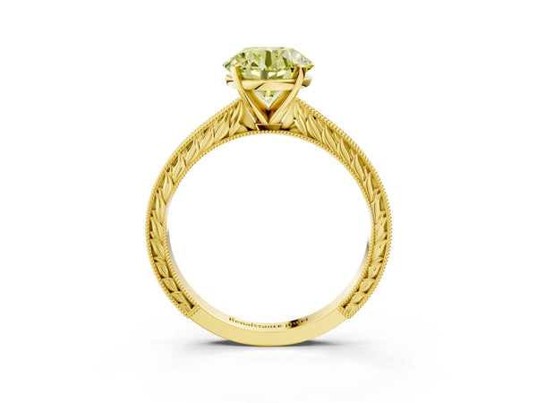 Yellow gold Fancy Yellow Round Cut Solitaire Milgrain Engraved Band with Four-Prong Setting