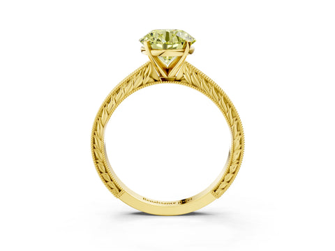 Yellow gold Fancy Yellow Round Cut Solitaire Milgrain Engraved Band with Four-Prong Setting_3