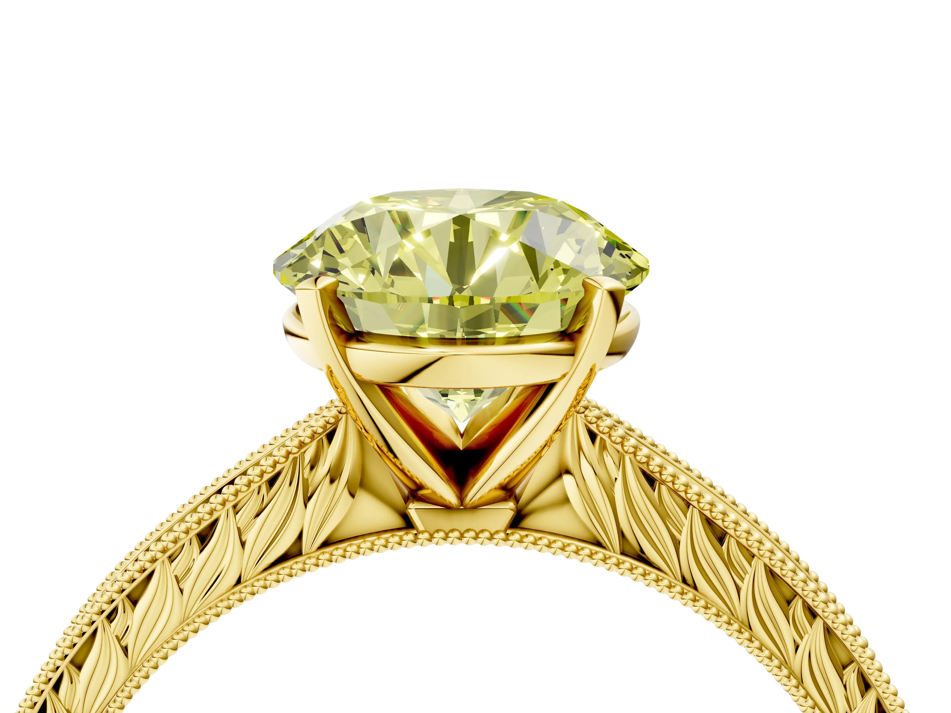 Yellow gold Fancy Yellow Round Cut Solitaire Milgrain Engraved Band with Four-Prong Setting_4