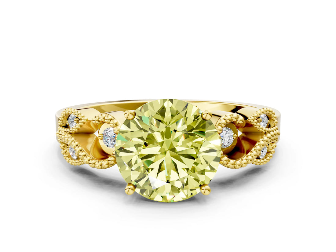 Yellow gold Fancy Yellow Round Cut Solitaire Milgrain Leaf Band with Prong Setting