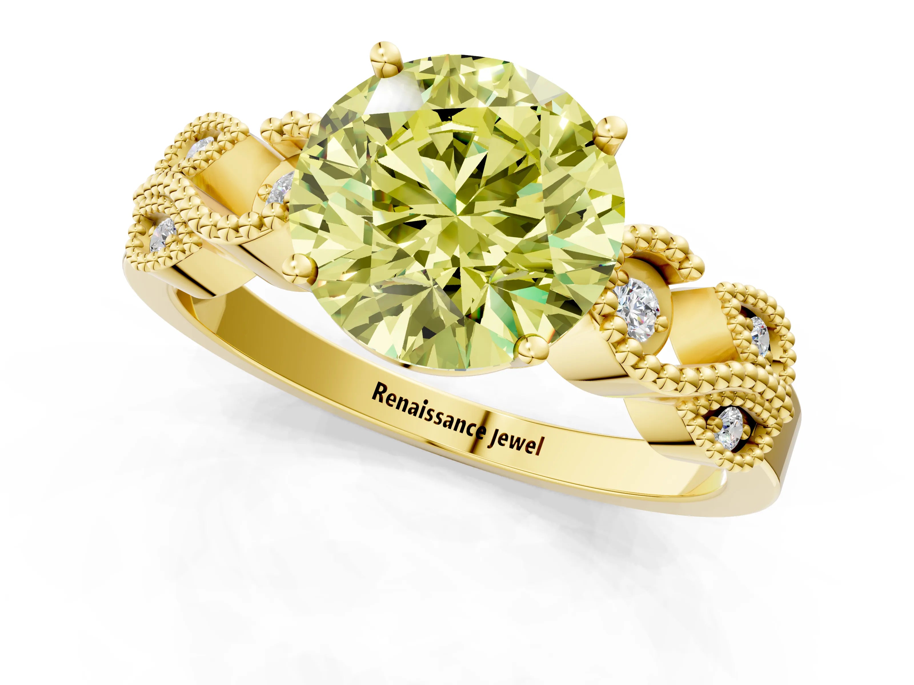 Yellow gold Fancy Yellow Round Cut Solitaire Milgrain Leaf Band with Prong Setting_1