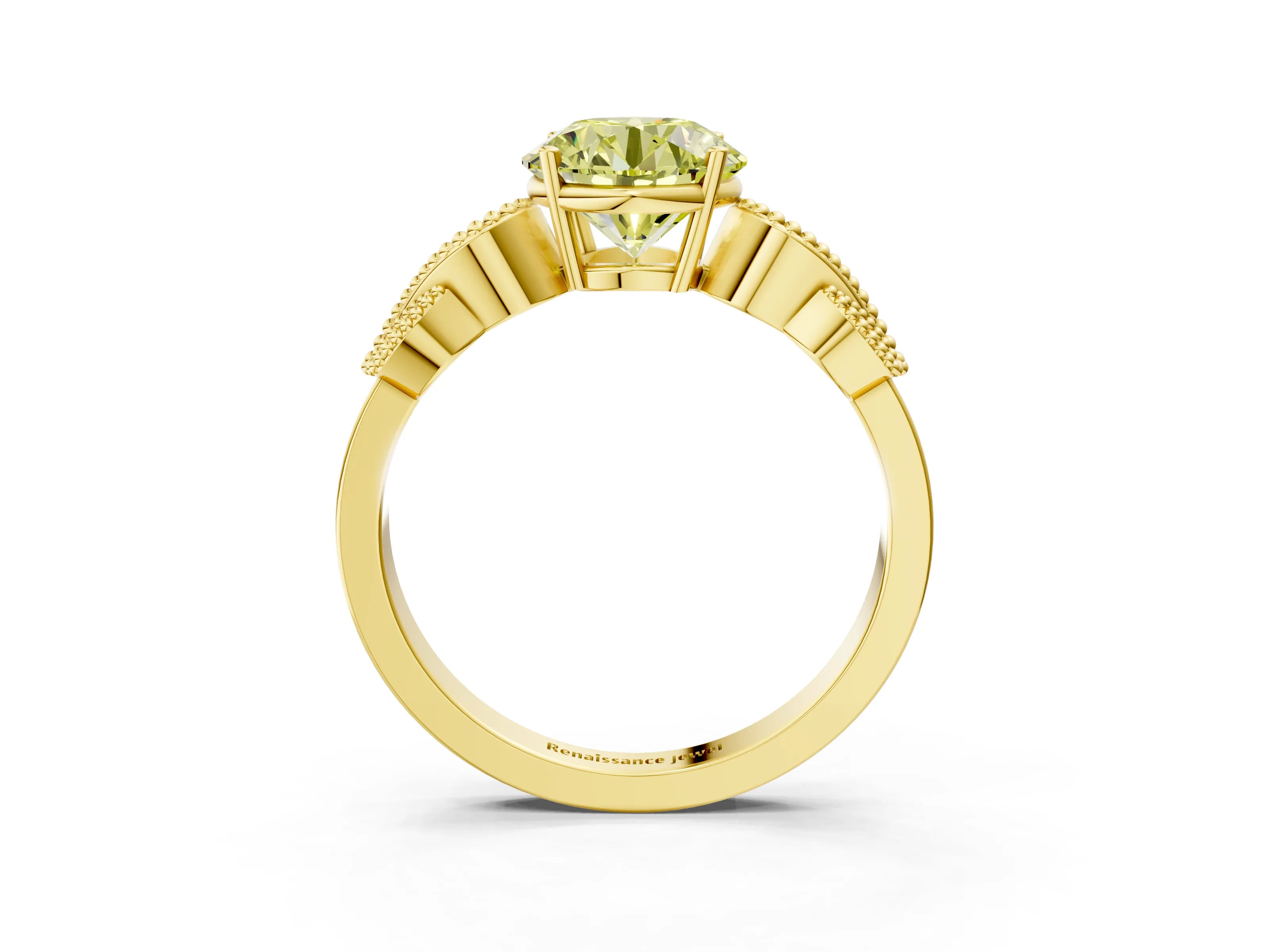Yellow gold Fancy Yellow Round Cut Solitaire Milgrain Leaf Band with Prong Setting_3