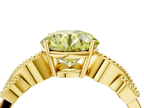 Yellow gold Fancy Yellow Round Cut Solitaire Milgrain Leaf Band with Prong Setting_4