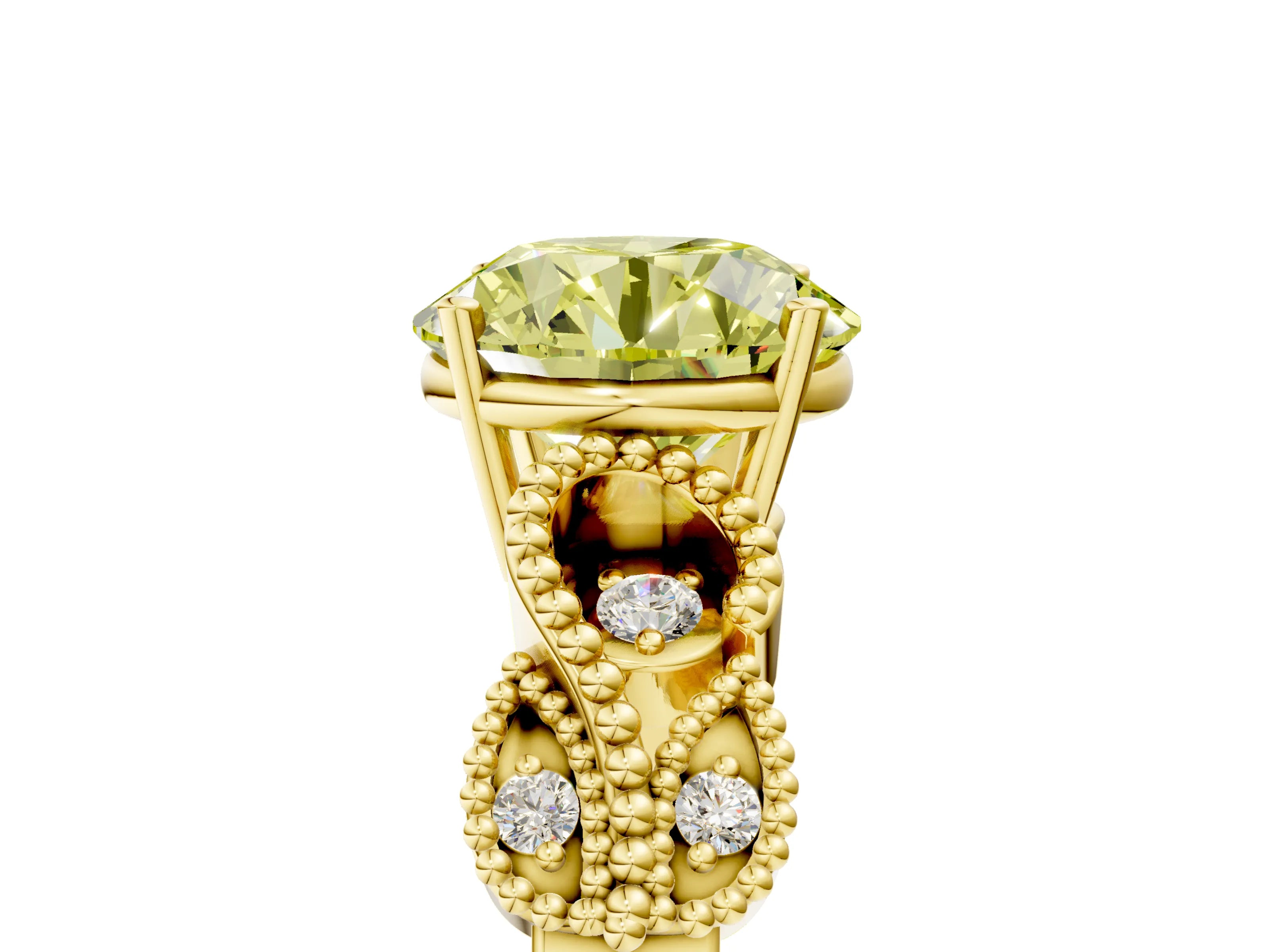 Yellow gold Fancy Yellow Round Cut Solitaire Milgrain Leaf Band with Prong Setting_5