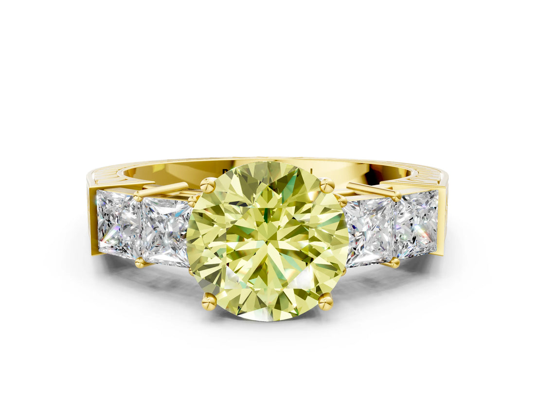 Yellow gold Fancy Yellow Round Cut Solitaire Princess Side Stone Engraved Band Prong Setting Ring