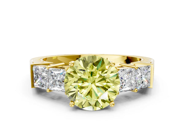 Yellow gold Fancy Yellow Round Cut Solitaire Princess Side Stone Engraved Band Prong Setting Ring