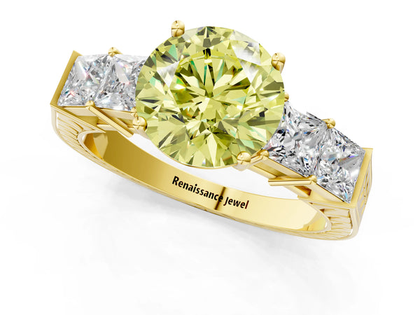 Yellow gold Fancy Yellow Round Cut Solitaire Princess Side Stone Engraved Band Prong Setting Ring