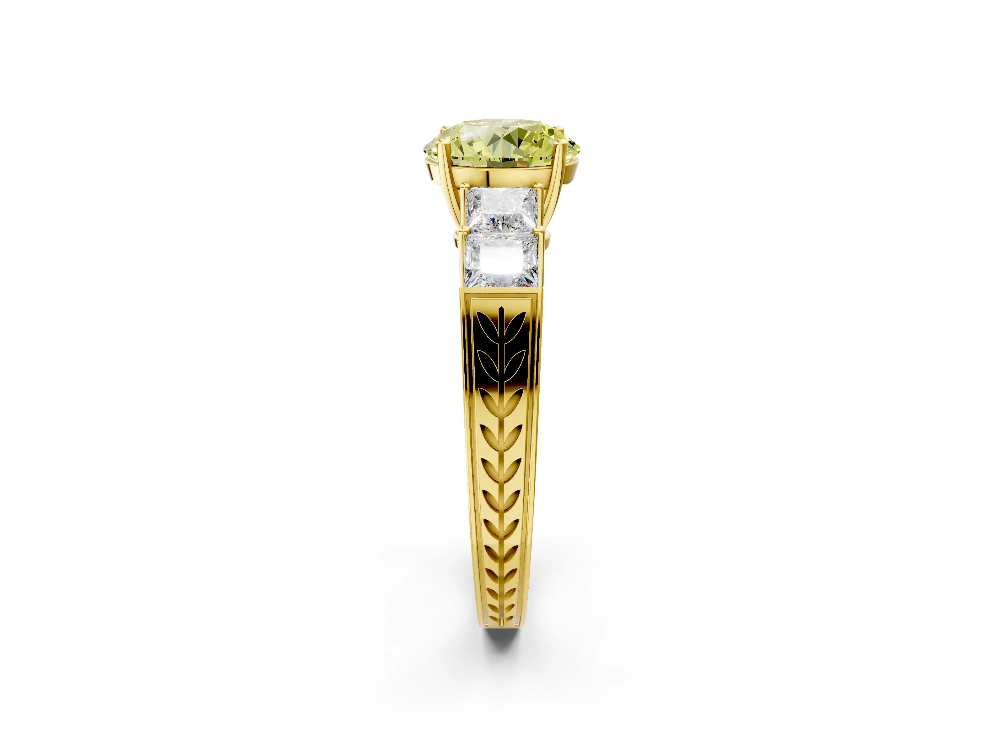 Yellow gold Fancy Yellow Round Cut Solitaire Princess Side Stone Engraved Band Prong Setting Ring_2